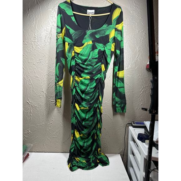 GANNI Ruched Tropical Print Green Black Yellow Stretch-Mesh Midi Dress Size 6 - Picture 1 of 6